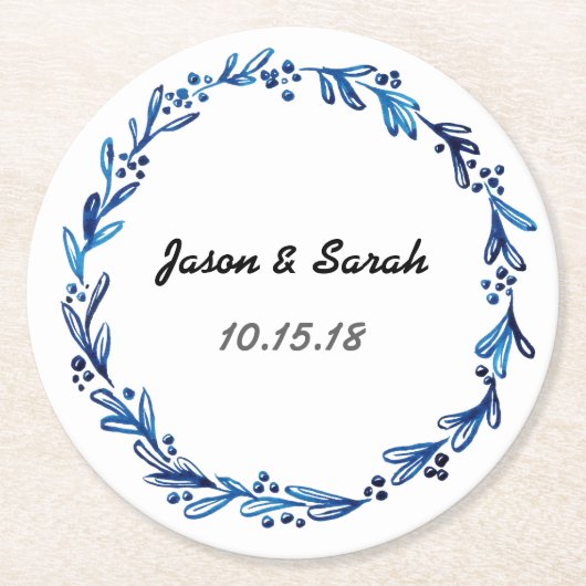 Blue Floral Wreath Ronde Kartonnen Onderzetter (Voorkant)