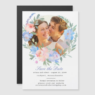 Blue Floral Wreath Save the Date Magnetische Kaart Magnetische Uitnodiging
