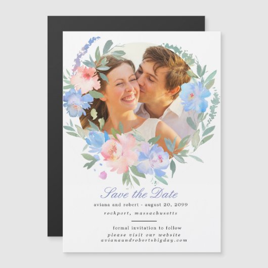 Blue Floral Wreath Save the Date Magnetische Kaart Magnetische Uitnodiging (Voorkant / Achterkant)