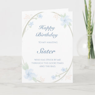 Blue Floral Wreath Sister Birthday Kaart
