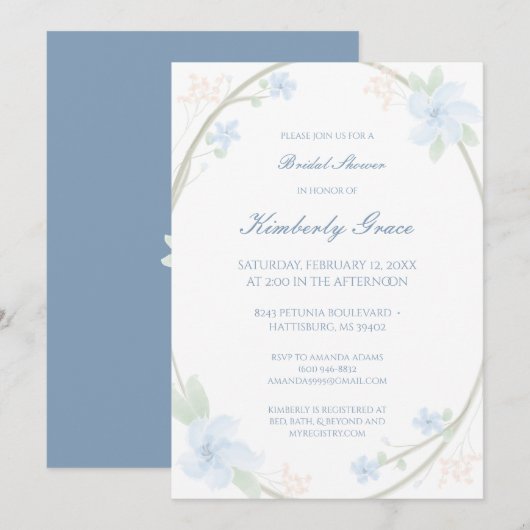 Blue Floral Wreath Vrijgezellenfeest Invite Kaart (Voorkant / Achterkant)
