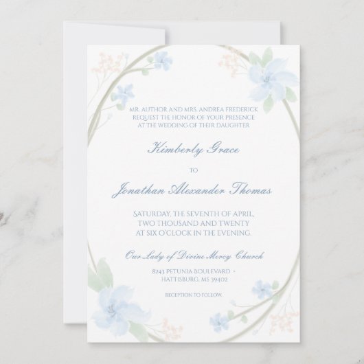 Blue Floral Wreath Wedding Invitaton Kaart (Voorkant)