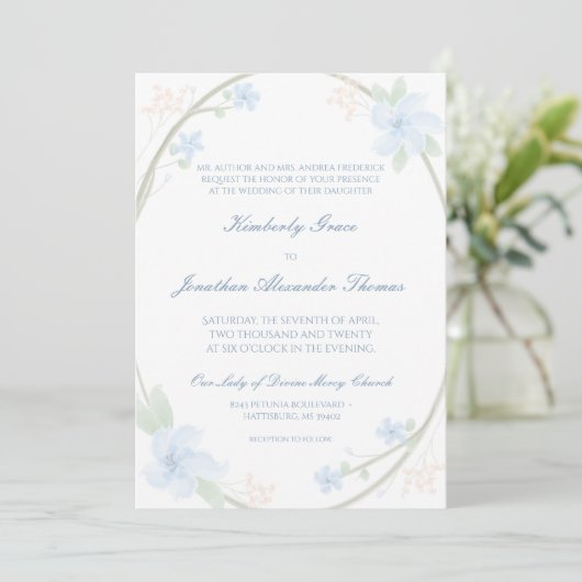 Blue Floral Wreath Wedding Invitaton Kaart (Staand voorkant)