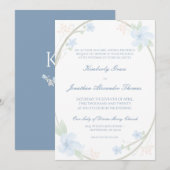 Blue Floral Wreath Wedding Invitaton Kaart (Voorkant / Achterkant)