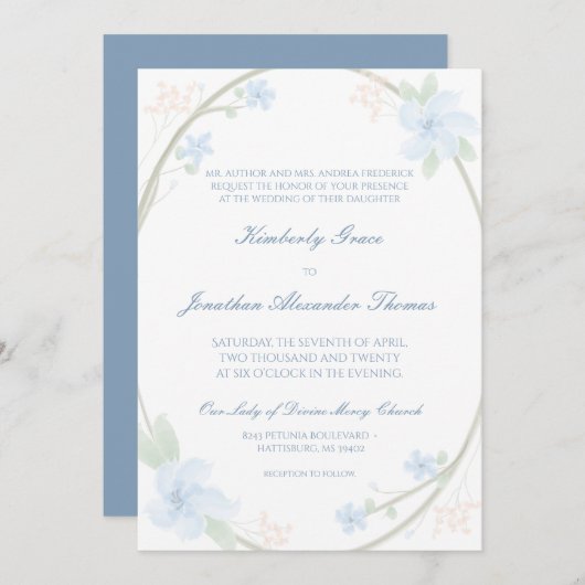 Blue Floral Wreath Wedding Invitaton Kaart (Voorkant / Achterkant)