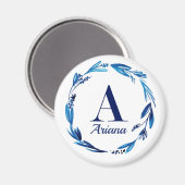 Blue Floral Wreator Monogram "A" Magneet (Voorkant / Achterkant)