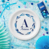Blue Floral Wreator Monogram "A" Papieren Bordje (Feest)