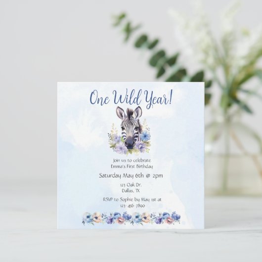Blue Floral Zebra Verjaardag Kaart (Staand voorkant)