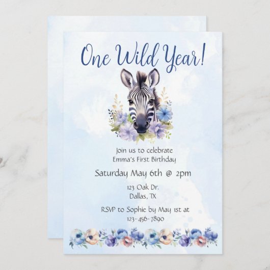 Blue Floral Zebra Verjaardag Kaart (Voorkant / Achterkant)