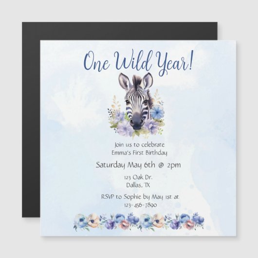 Blue Floral Zebra Verjaardag Magnetische Uitnodiging (Voorkant / Achterkant)