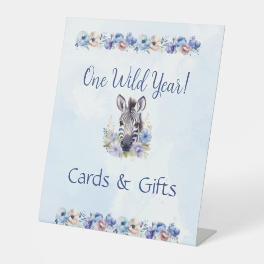 Blue Floral Zebra Verjaardag Reclamebord Met Voetstuk (Voorkant)
