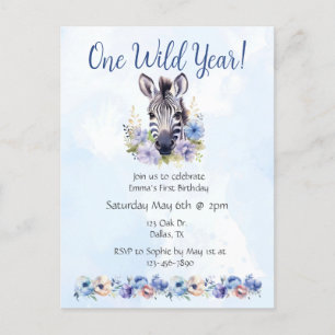 Blue Floral Zebra Verjaardag Uitnodiging Briefkaart