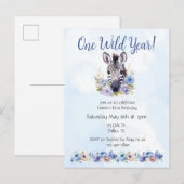 Blue Floral Zebra Verjaardag Uitnodiging Briefkaart (Voorkant / Achterkant)