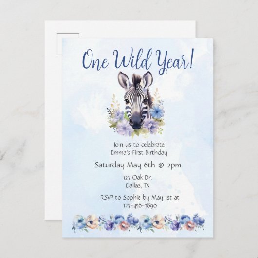 Blue Floral Zebra Verjaardag Uitnodiging Briefkaart (Voorkant / Achterkant)