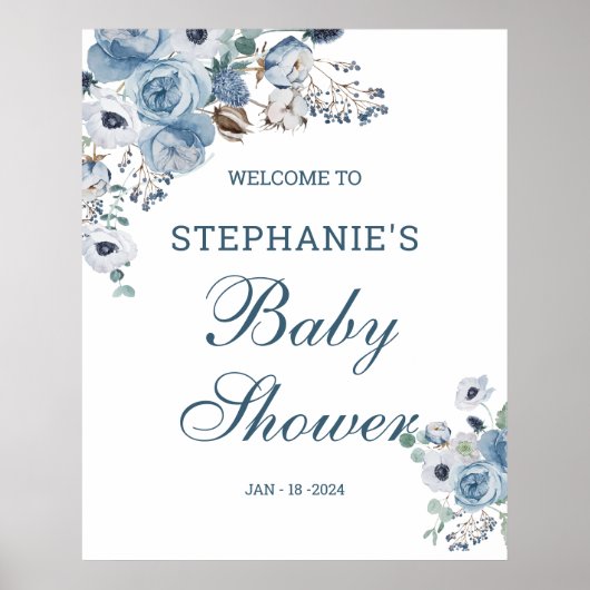 Blue Florals Baby shower Welkomstbord Poster (Voorkant)
