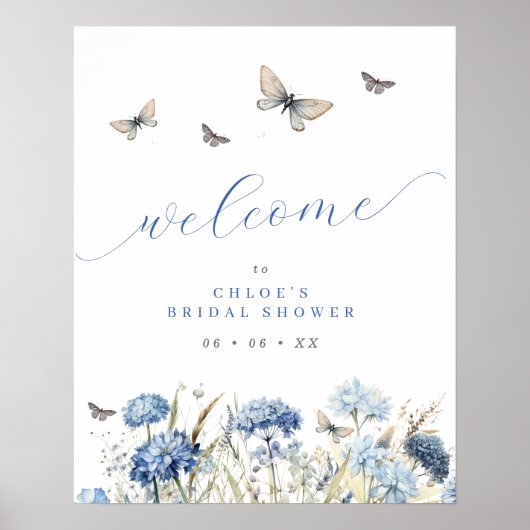 Blue Florals & Butterflies Vrijgezellenfeest Welko Poster (Voorkant)