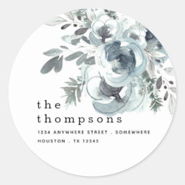 Blue Florals Foliage Name Return Address Kerstage Ronde Sticker