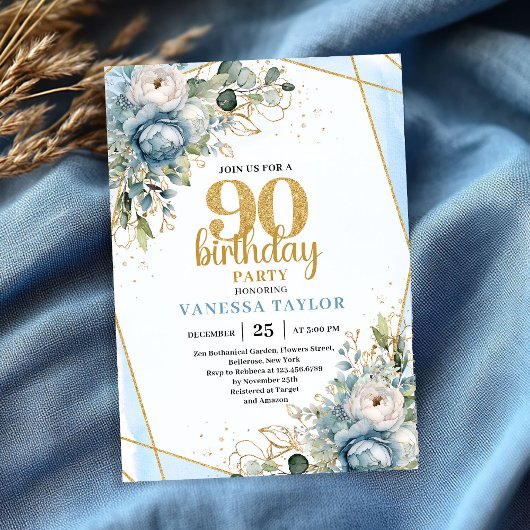 Blue Florals Gold Border 90th Birthday Invitation Kaart