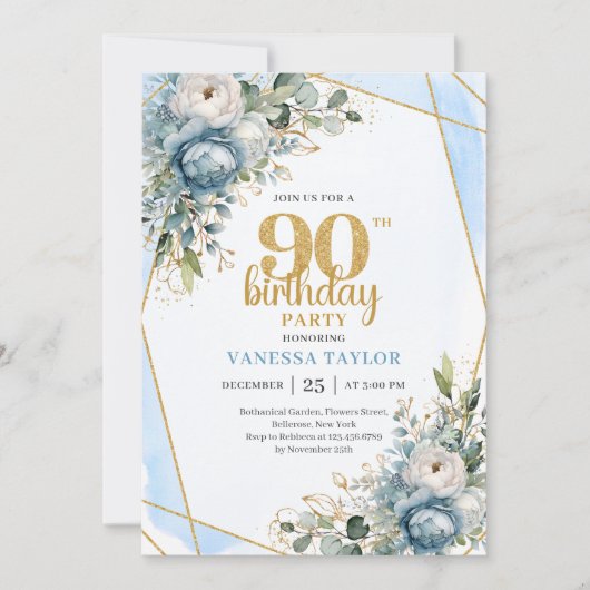 Blue Florals Gold Border 90th Birthday Invitation Kaart (Voorkant)