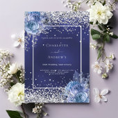 Blue florals silver 25th wedding anniversary kaart