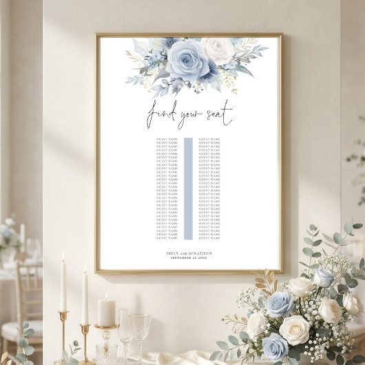Blue Florals Single Table Wedding Seating Chart Poster