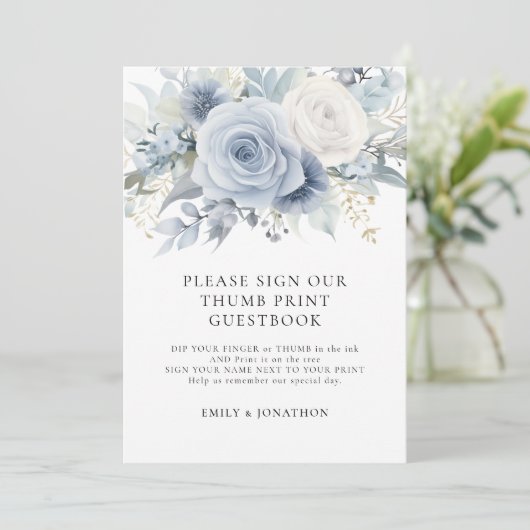 Blue Florals Thumbprint Gastenboek naamkaartje Kaart (Staand voorkant)