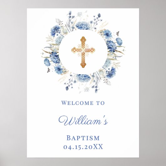 Blue florals wreath boy Baptism welcome Poster (Voorkant)