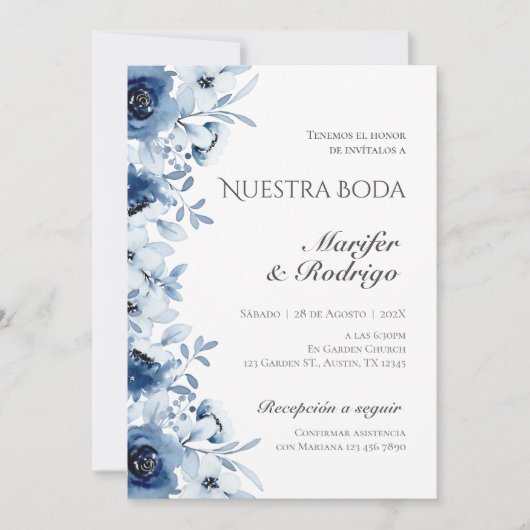 Blue Flores bruiloft uitnodiging (Voorkant)