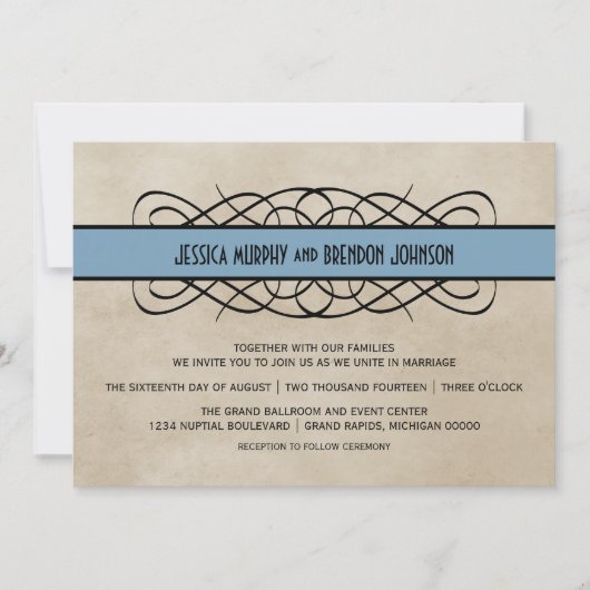 Blue Flourish Border Wedding Uitnodiging (Voorkant)