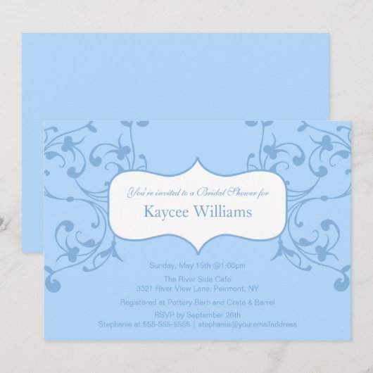 Blue Flourish Bridal Shower-uitnodiging Kaart (Voorkant / Achterkant)