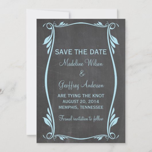 Blue Flourish Chalkboard Save the Date Invite (Voorkant)