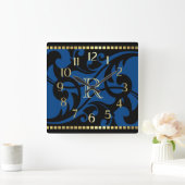 Blue Flourish Design Gold Border with Monogram Vierkante Klok (Huis)