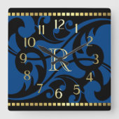 Blue Flourish Design Gold Border with Monogram Vierkante Klok (Voorkant)