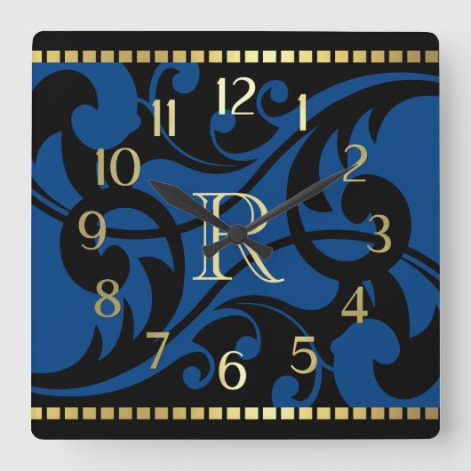 Blue Flourish Design Gold Border with Monogram Vierkante Klok (Voorkant)
