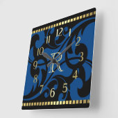 Blue Flourish Design Gold Border with Monogram Vierkante Klok (Hoek)