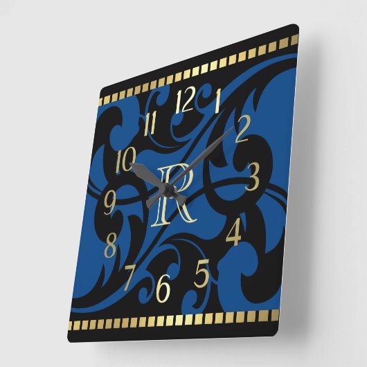 Blue Flourish Design Gold Border with Monogram Vierkante Klok (Hoek)