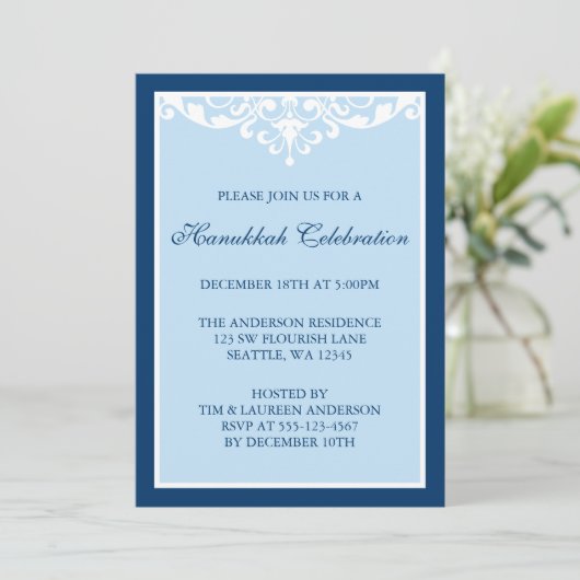 Blue Flourish Scroll Hanukkah Holiday Party Kaart (Staand voorkant)