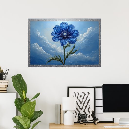 Blue Flower Against Bright Cloudy Sky Poster (Thuiskantoor)