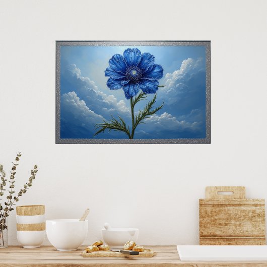 Blue Flower Against Bright Cloudy Sky Poster (Keuken)