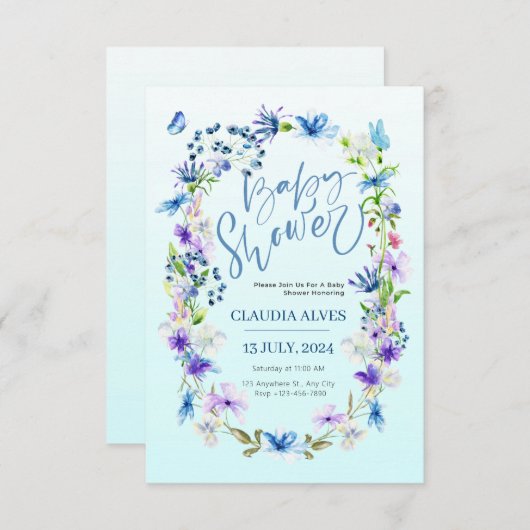 Blue Flower and Butterfly waterverf Babyshower Kaart (Voorkant / Achterkant)