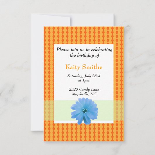 Blue Flower and Oranje Diamond Birthday Invitation Kaart (Voorkant)