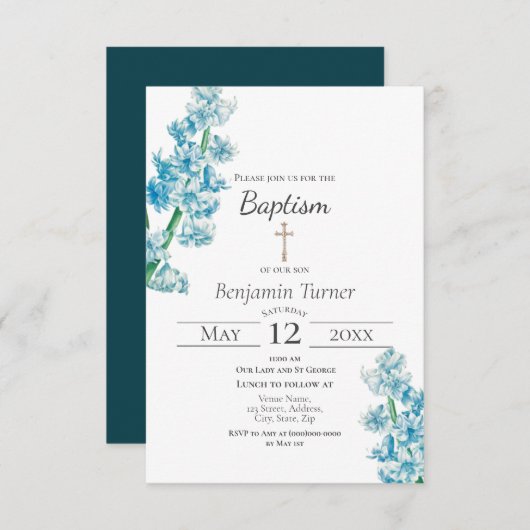 Blue Flower Baptism Invitation Kaart (Voorkant / Achterkant)