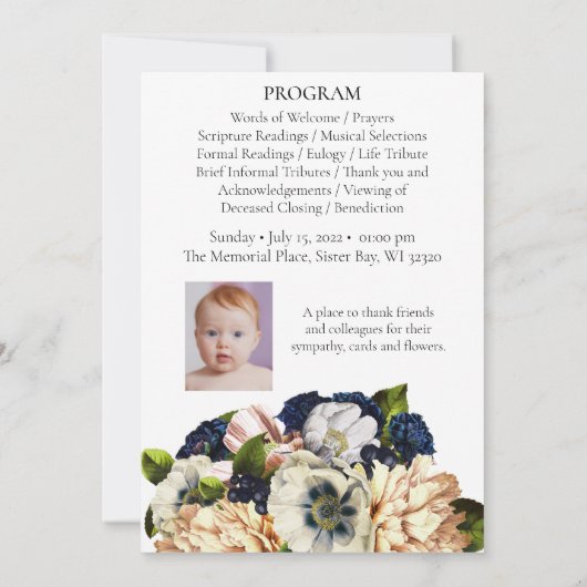 Blue Flower Bouquet Funeral Memorial Programme Kaart (Achterkant)