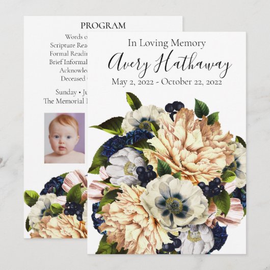 Blue Flower Bouquet Funeral Memorial Programme Kaart (Voorkant / Achterkant)