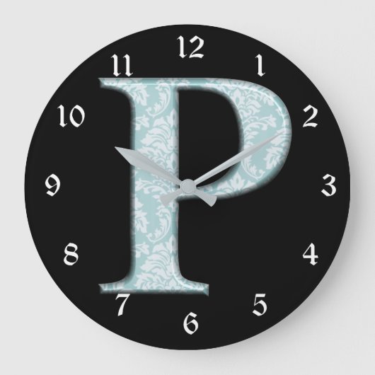 Blue Flower Damask Monogram Initiaal P Design Cloc Grote Klok (Voorkant)