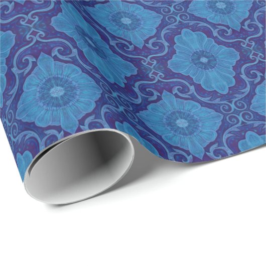 Blue Flower Floral Damask Bohemian Pattern Cadeaupapier (Rol Hoek)