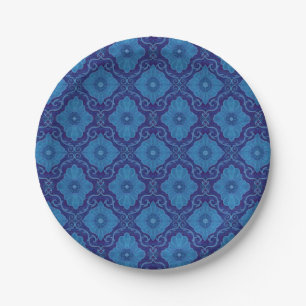 Blue Flower Floral Damask  Bohemian Pattern Papieren Bordje