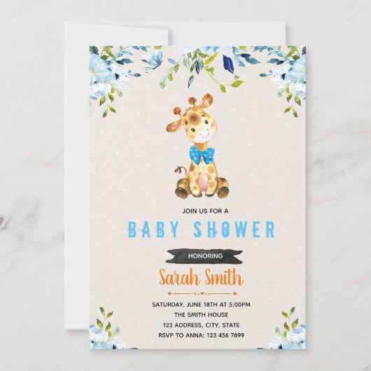 "Blue flower giraffe"-uitnodiging Kaart (Voorkant)
