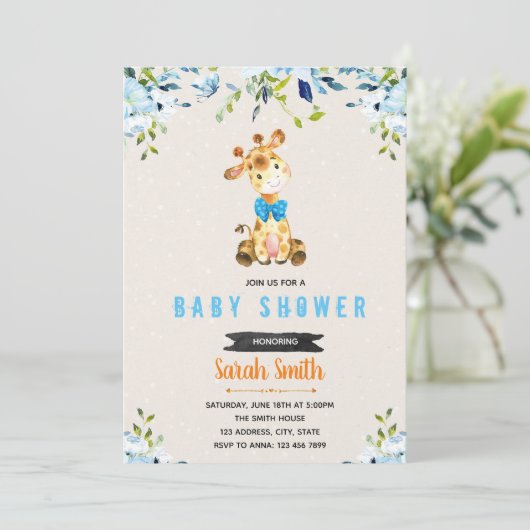 "Blue flower giraffe"-uitnodiging Kaart (Staand voorkant)