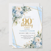 Blue Flower Gold Accent 90th Birthday Party Invite Kaart (Voorkant)